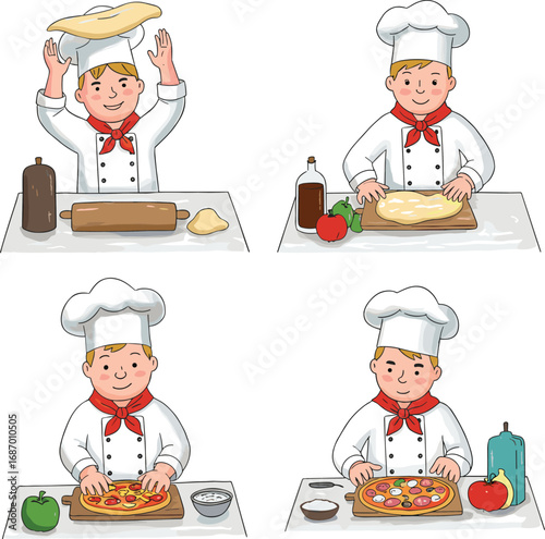 Chef making pizza cartoon set, dough tossing, topping, baking, food preparation, recipe, cooking process, kitchen scene, ingredients, cuisine, meal