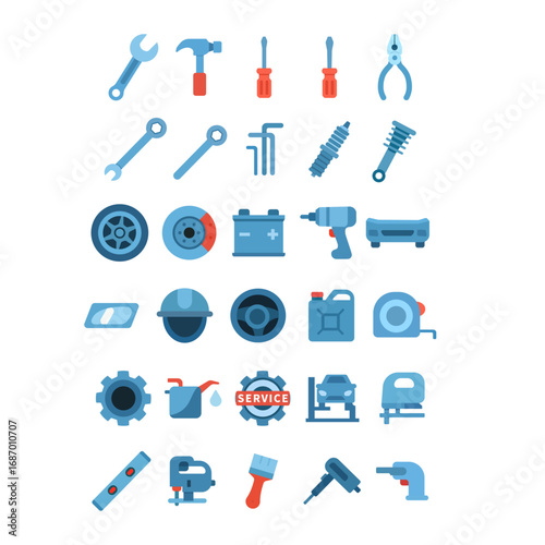 Set of vector illustration icons, car service workshop, tools