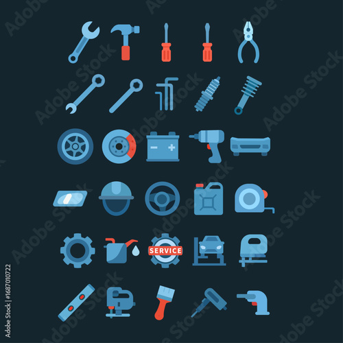 Set of vector illustration icons, car service workshop, tools