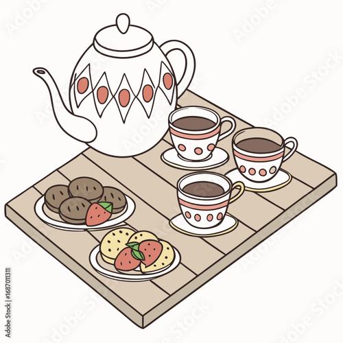 Vector art of tea time with cookies and strawberries on table, vector illustration