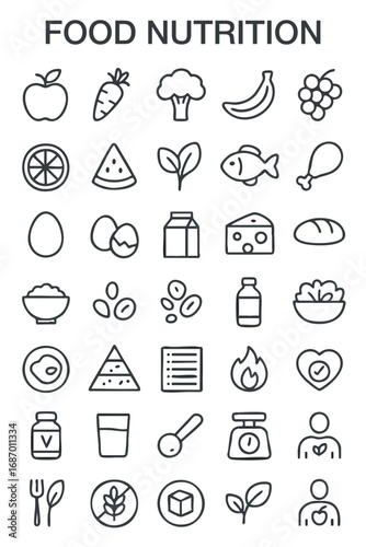 A clean and modern set of line-style icons representing food, nutrition, healthy eating, and dietary concepts.