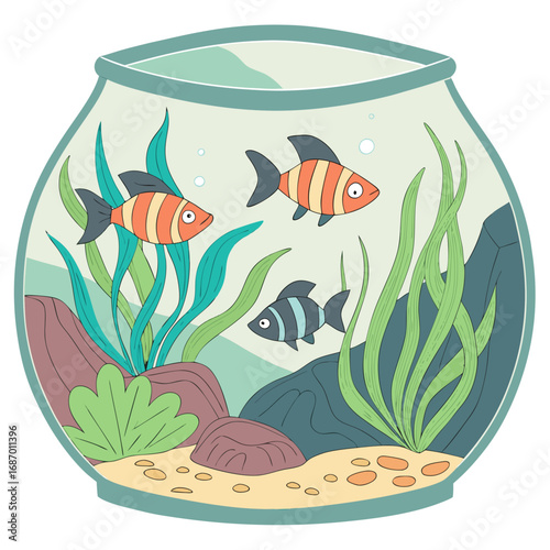 Vector art of three colorful fish swimming in a fishbowl with plants and rocks inside