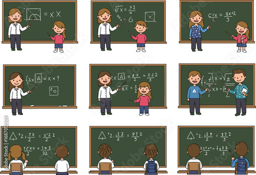 Students learning math in classroom cartoon set, education, school, teacher, blackboard, equations, arithmetic, algebra, geometry, study, academic, learning