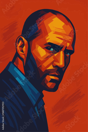 Intense Expression: A stylized portrait of a man with a shaved head and intense gaze, captured with bold lines and vibrant colors, evoking a sense of focused determination and unwavering resolve.