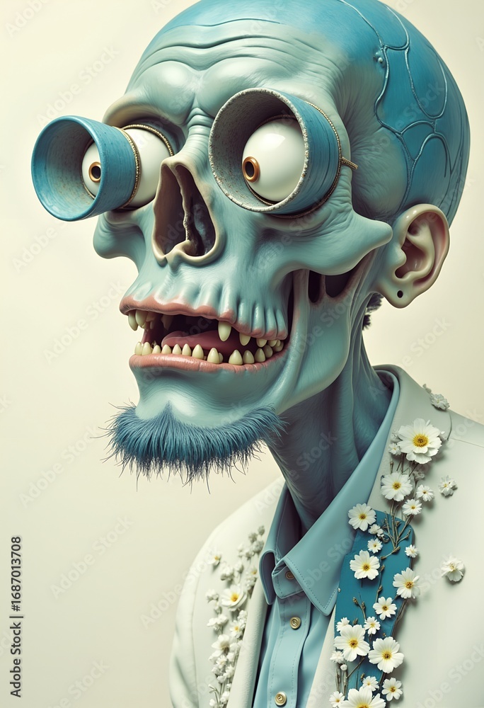 Naklejka premium A whimsical and eerie collection of surreal blue-skinned characters, blending human and fantasy features with exaggerated details, expressive eyes, and dreamlike accessories.