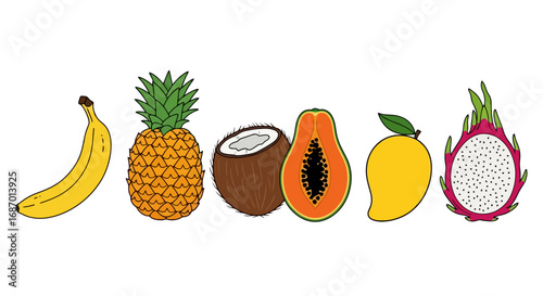 Vibrant assortment of tropical fruits illustration showcasing banana, pineapple, coconut, papaya, mango and dragon fruit. Ideal for advertising healthy eating, exotic travel, or food-related designs.