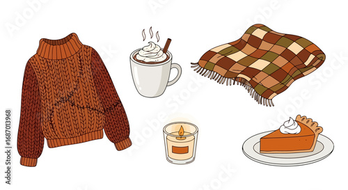 Cozy autumn essentials illustration featuring a sweater, hot chocolate, blanket, candle, and pumpkin pie. Perfect for seasonal promotions and fall-themed designs.