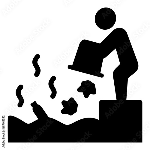 Man Littering and Polluting the Environment Vector Icon. A Negative, Black and White Graphic for Anti-Littering, Environmental Protection, and Pollution Awareness