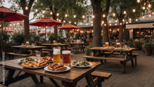 Outdoor beer garden offering food and drinks