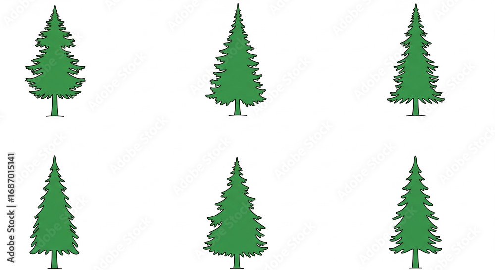 Obraz premium Set of simple green cartoon pine trees, perfect for nature or Christmas designs, isolated transparent background.