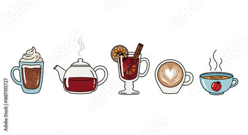 Diverse hot beverages illustration featuring coffee, tea, and mulled wine for cafes, menus, or holiday-themed design projects.
