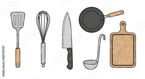 Hand drawn kitchen utensil illustrations for culinary blogs, recipe websites, and cooking education resources. Suitable for menus, and food related designs.