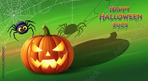 Halloween Pumpkin Jack-o-lantern with Spider and Web on Green Background for October 2025