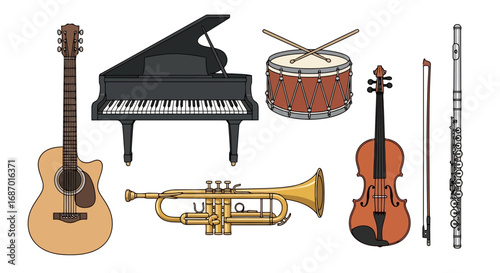 Collection of musical instruments illustration featuring guitar, piano, drums, trumpet, violin, and flute. Ideal for music education, graphic design, or music-themed projects.