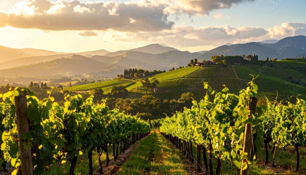 Fototapeta premium Vineyards under sunset in rolling hills