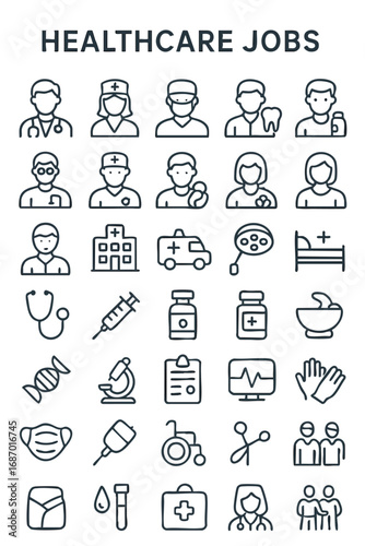 A clean and modern line-style icon set representing various healthcare and medical professions and tools.