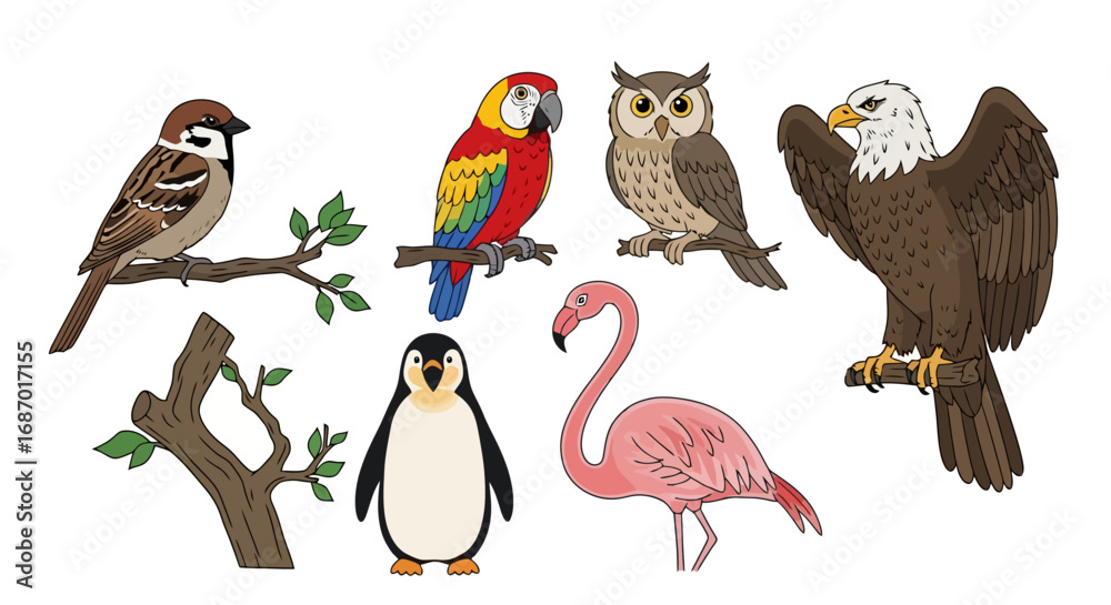 Naklejka premium Diverse bird species illustration featuring sparrow, macaw, owl, eagle, penguin, and flamingo, ideal for educational resources and nature related designs