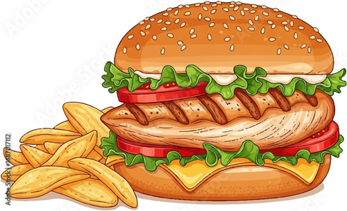 Delicious Chicken Burger with French Fries Vector Illustration