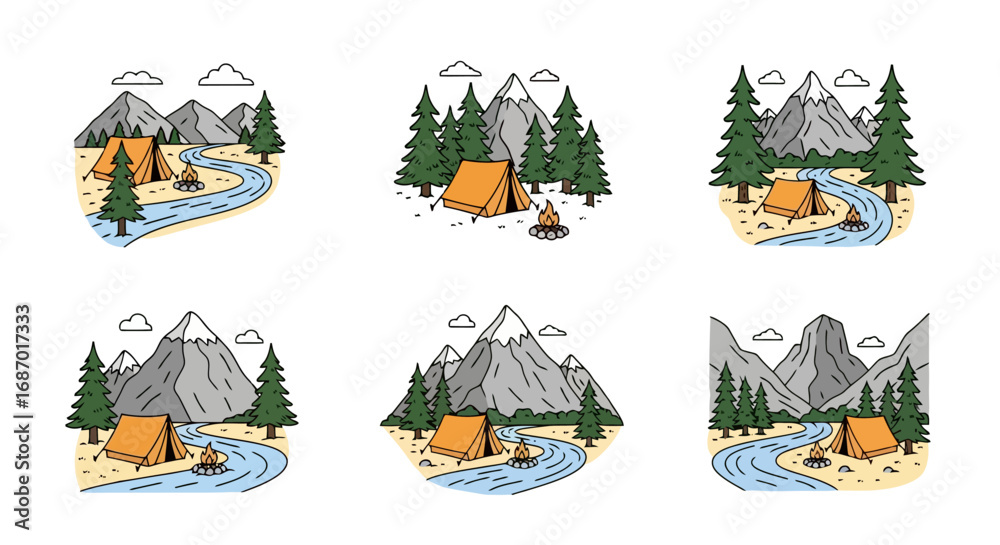 Obraz premium Collection of camping illustrations featuring tents, mountains, rivers, and trees for outdoor adventure-themed designs and tourism promotion materials.