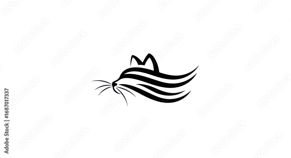 Fototapeta premium Minimalist black cat head logo with flowing lines.