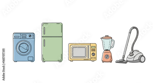 Diverse household appliance illustration set for product catalogs, home appliance guides, or educational materials on domestic technology and home essentials