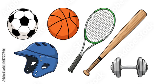 Diverse sports equipment illustration featuring a soccer ball, basketball, tennis racket, baseball bat, helmet, and dumbbell, suitable for sports themed designs