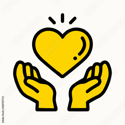 Golden Heart in Caring Hands: Two caring hands gently cradle a radiant, golden heart in a simple, visually striking illustration, symbolizing care, compassion, and support.