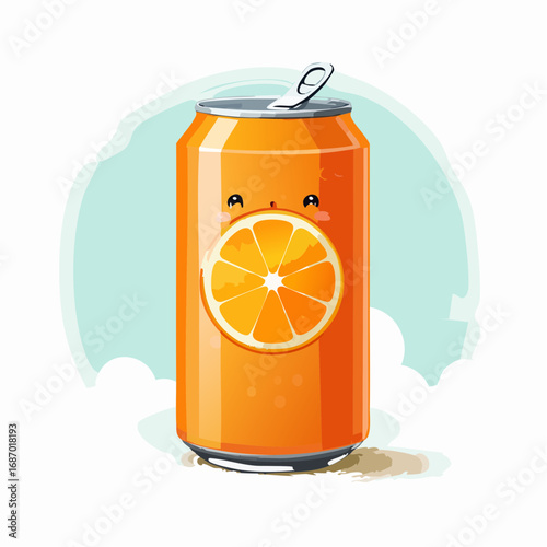 Cute cartoon orange soda can with an orange slice, kawaii style.