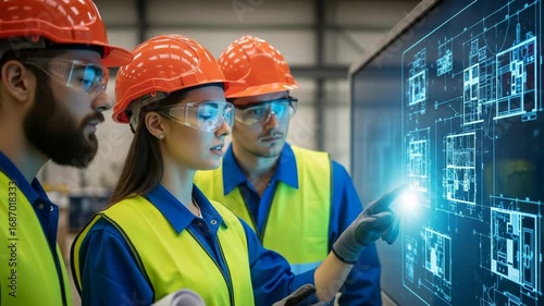 Three engineers in hard hats and safety glasses collaborate while examining a digital blueprint displayed on a large screen, with one engineer pointing to a specific detail