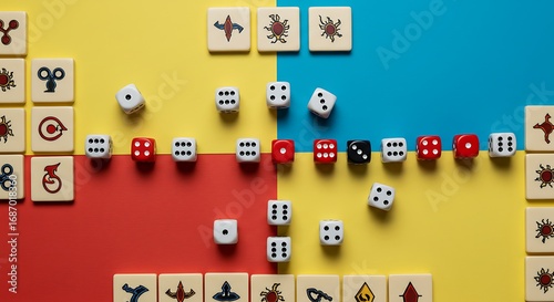 Flat lay of a complex board game in progress, symbolizing risk, luck, and tactical play