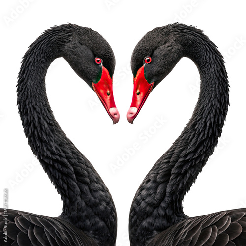 Fototapeta Naklejka Na Ścianę i Meble -  Two elegant black swans with vibrant red beaks forming a heart shape isolated on transparent background