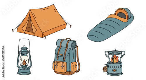 Camping equipment illustration featuring tent, sleeping bag, lantern, backpack, and stove. Ideal for outdoor adventure guides, camping gear catalogs, or travel blog design.