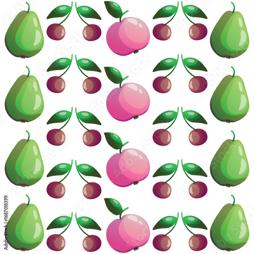 Seamless pattern with fruit rows, colorful apples, pears and cherries