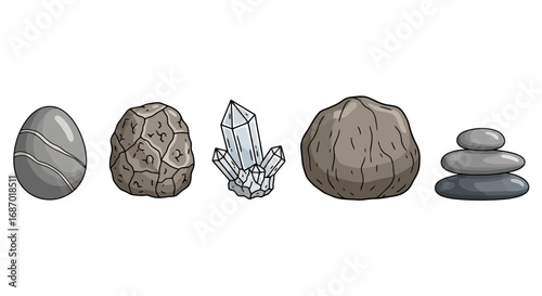 Assorted stones and crystals illustration for zen garden design, meditation practices, and geological education resources and material.