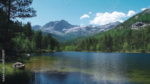 Beautiful mountain valley view surrounded by green trees high resolution picture