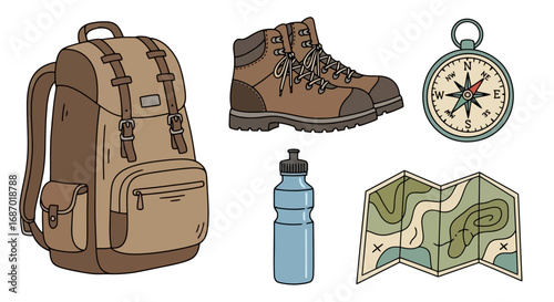 Hiking and Camping Equipment Illustration Set for Outdoor Adventure, Travel Guides, and Nature-Themed Educational Resources
