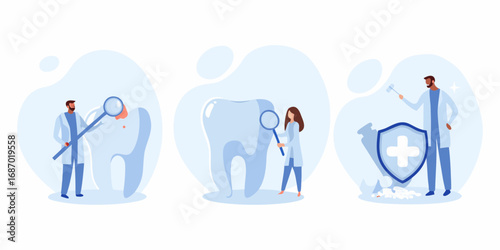 Dentists examining teeth and protecting dental health with a shield and cross symbol