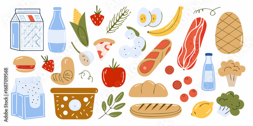 A whimsical collection of fresh food items and groceries in a flat design style