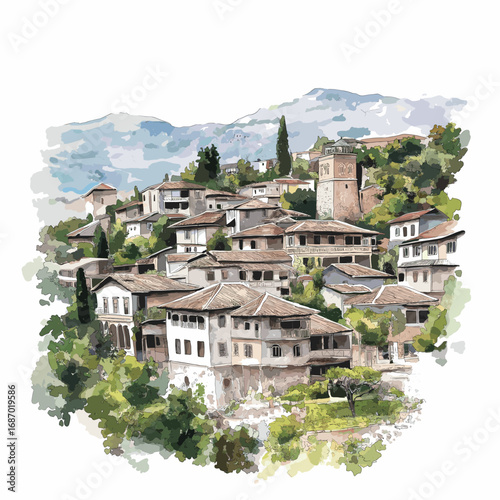 Gjirokaster Old Town. Gjirokaster Old Town watercolor vector illustration