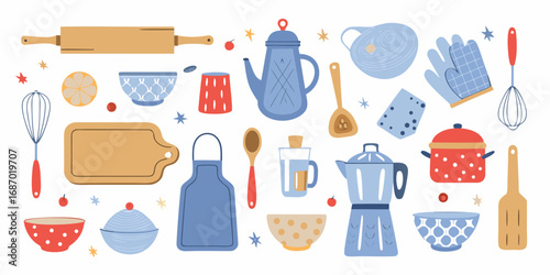 Collection of charming kitchen utensils and cooking accessories in a playful flat design style