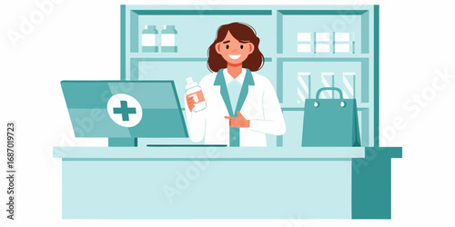 Friendly female pharmacist wearing a white coat holding a medicine bottle behind a counter with a computer and shelves of medication