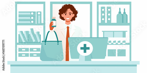 Friendly pharmacist holding a medicine bottle at the counter with a computer and shelves of medication