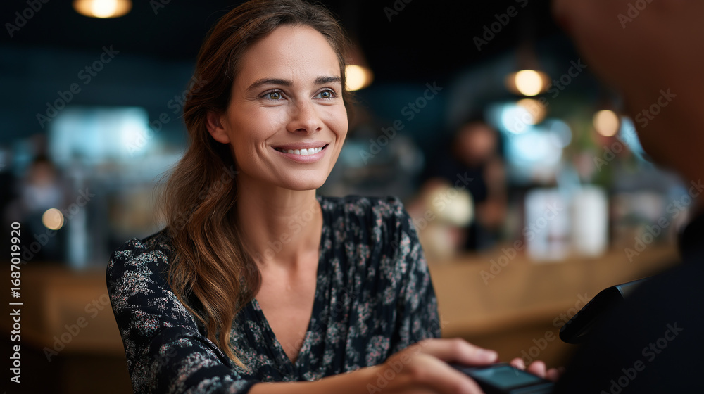 Fototapeta premium A woman making a seamless NFC payment with her cell phone at a café counter digital terminal glowing in response relaxed posture as she smiles at the cashier background filled