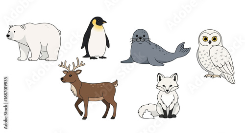 Cartoon illustration featuring arctic animals. Ideal for educational materials, children's books, and wildlife conservation campaigns.