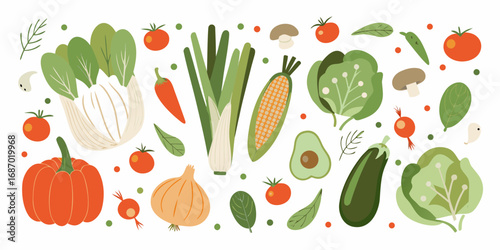 A vibrant collection of fresh healthy vegetables and produce arranged in a playful and colorful pattern