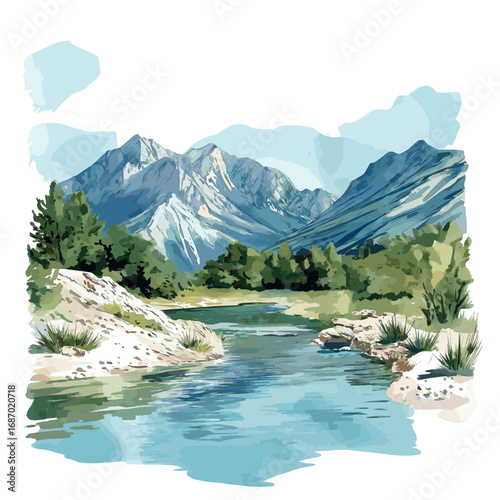 Theth National Park. Theth National Park watercolor vector illustration