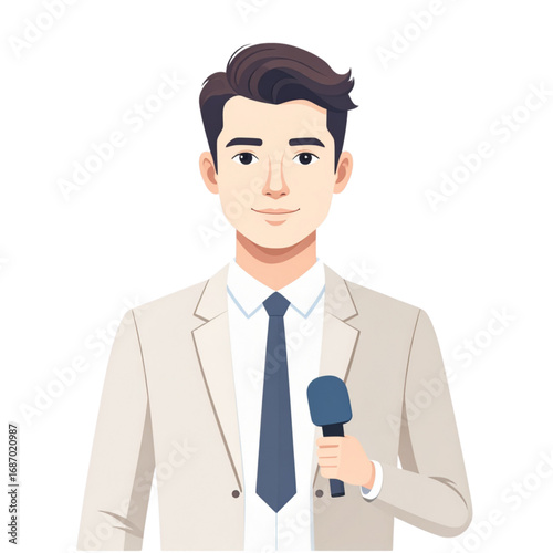Male news reporter holding microphone flat design illustration