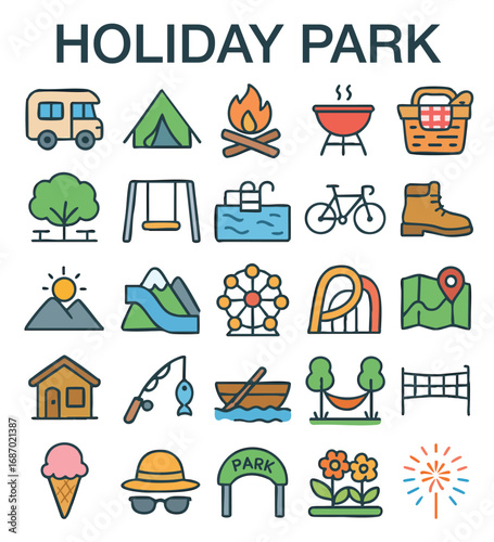 A colorful and modern outline icon set illustrating various holiday park and outdoor recreational activities. 