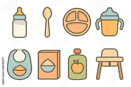 Baby feeding essentials: bottles, spoons, plates, cups, bibs, puree pouches, high chair icons