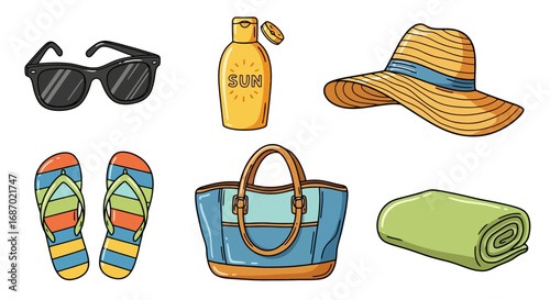 Summer essentials illustration featuring beach accessories like sunglasses, sunscreen, hat, flip-flops, bag, and towel. Ideal for travel blog posts, summer promotions, or vacation planning guides.